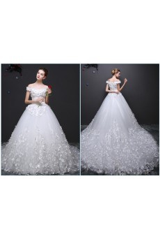 Lace, Tulle Off-the-Shoulder Cathedral Train Ball Gown Dress with Handmade Flowers, Rhinestone
