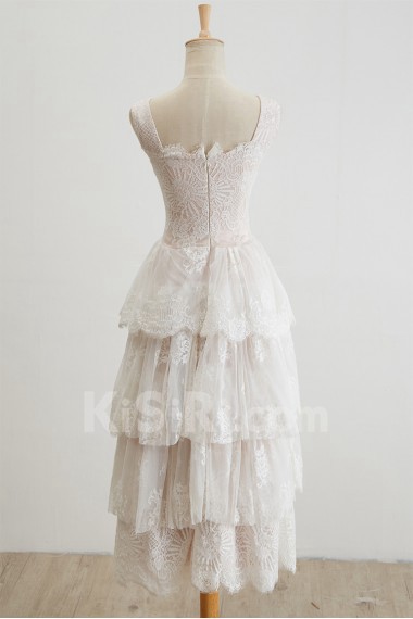 Lace, Tulle Bateau Tea-Length Sleeveless A-line Dress