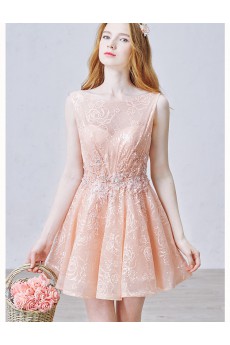 Lace, Tulle Bateau Mini/Short Sleeveless A-line Dress with Sequins, Rhinestone, Pearl