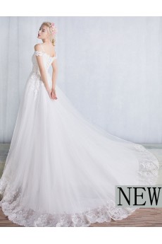 Tulle, Lace Off-the-Shoulder Chapel Train A-line Dress with Sequins