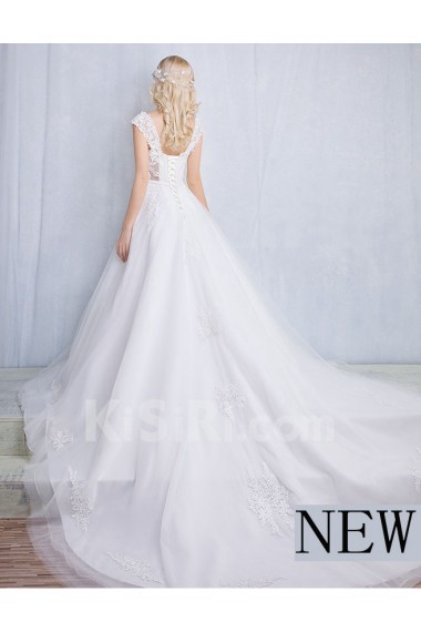 Tulle, Lace Square Chapel Train Cap Sleeve A-line Dress with Bow