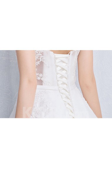 Tulle, Lace Square Chapel Train Cap Sleeve A-line Dress with Bow