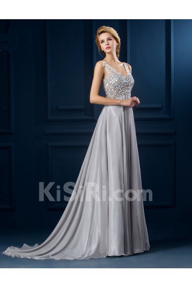 Tulle, Lace V-neck Sweep Train Sleeveless A-line Dress with Rhinestone