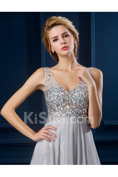 Tulle, Lace V-neck Sweep Train Sleeveless A-line Dress with Rhinestone