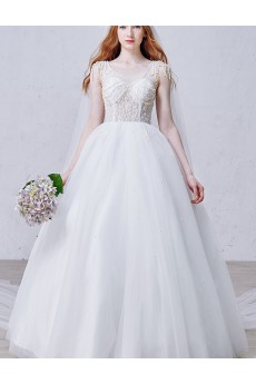 Lace, Tulle Scoop Floor Length Sleeveless Ball Gown Dress with Pearl