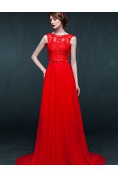 Chiffon, Lace Jewel Sweep Train Sleeveless A-line Dress with Bow