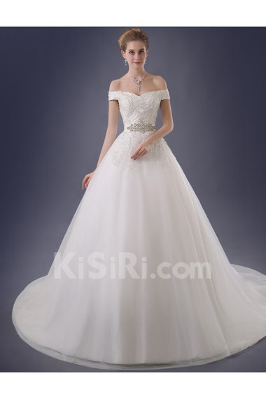 Organza Off-the-Shoulder Chapel Train A-line Dress with Rhinestone, Lace