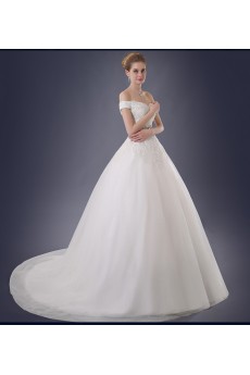 Organza Off-the-Shoulder Chapel Train A-line Dress with Rhinestone, Lace