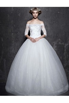 Lace, Satin Off-the-Shoulder Floor Length Half Sleeve Ball Gown Dress with Rhinestone