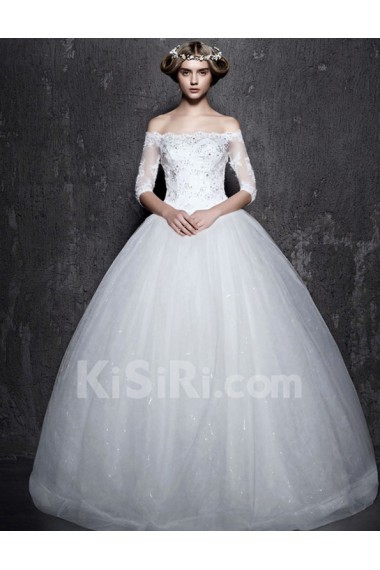 Lace, Satin Off-the-Shoulder Floor Length Half Sleeve Ball Gown Dress with Rhinestone