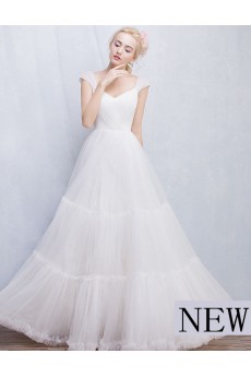 Tulle, Lace V-neck Floor Length Cap Sleeve Ball Gown Dress with Pearl