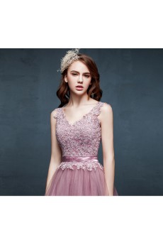 Tulle, Lace, Satin V-neck Floor Length Sleeveless A-line Dress with Handmade Flowers, Sash