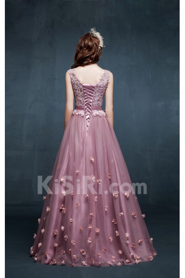 Tulle, Lace, Satin V-neck Floor Length Sleeveless A-line Dress with Handmade Flowers, Sash