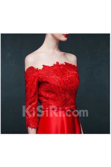 Satin, Lace Off-the-Shoulder Sweep Train Half Sleeve A-line Dress with Bow
