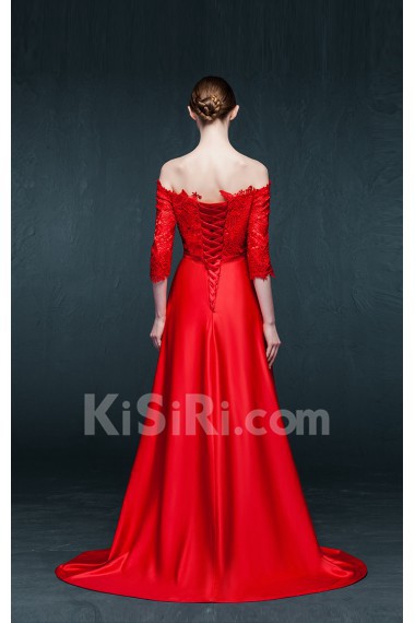 Satin, Lace Off-the-Shoulder Sweep Train Half Sleeve A-line Dress with Bow