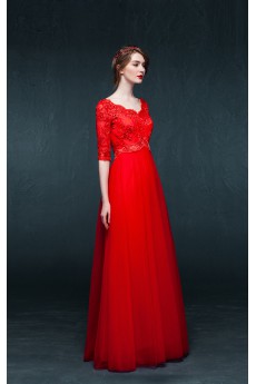 Tulle, Satin V-neck Floor Length Half Sleeve A-line Dress with Sequins