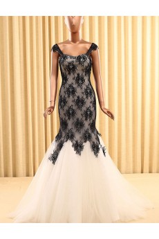 Lace, Tulle Square Sweep Train Cap Sleeve Mermaid Dress