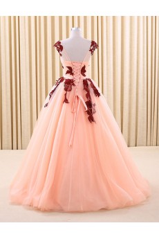 Tulle Scoop Floor Length Cap Sleeve Ball Gown Dress with Ruched