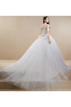 Lace, Tulle, Satin Strapless Sweep Train Sleeveless(Removable Sleeves) Ball Gown Dress with Beads