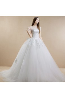 Lace, Tulle, Satin Strapless Sweep Train Sleeveless(Removable Sleeves) Ball Gown Dress with Beads