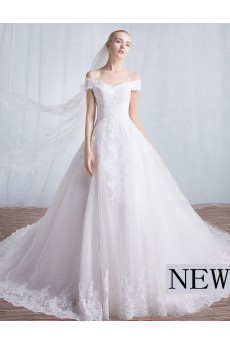 Tulle, Lace Off-the-Shoulder Chapel Train Ball Gown Dress