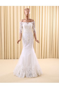 Tulle Off-the-Shoulder Floor Length Half Sleeve Mermaid Dress with Sequins