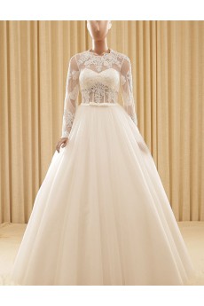 Lace, Tulle Jewel Floor Length Long Sleeve Ball Gown Dress with Embroidered