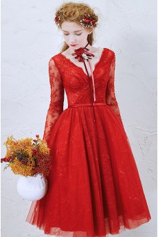 Lace, Tulle V-neck Knee-Length Long Sleeve Ball Gown Dress with Ruched