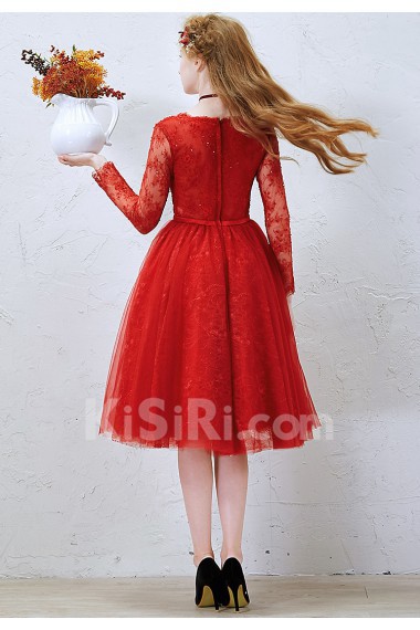 Lace, Tulle V-neck Knee-Length Long Sleeve Ball Gown Dress with Ruched