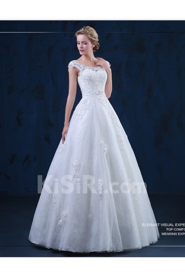 Tulle, Lace Scoop Floor Length Cap Sleeve A-line Dress with Applique, Beads