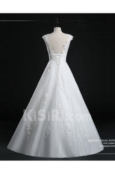 Tulle, Lace Scoop Floor Length Cap Sleeve A-line Dress with Applique, Beads