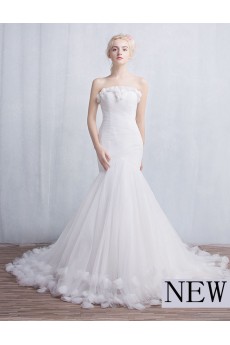 Tulle, Lace Strapless Chapel Train Sleeveless Mermaid Dress with Handmade Flowers