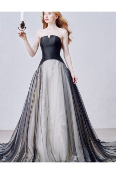 Satin, Tulle, Lace Strapless Chapel Train Sleeveless A-line Dress