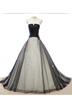 Satin, Tulle, Lace Strapless Chapel Train Sleeveless A-line Dress with 