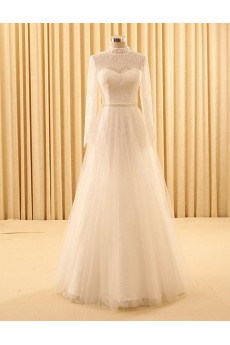 Lace High Collar Floor Length Long Sleeve A-line Dress with Pearl