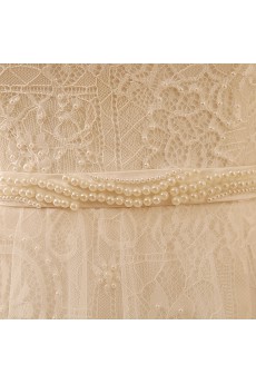 Lace High Collar Floor Length Long Sleeve A-line Dress with Pearl