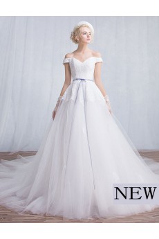 Tulle, Lace Off-the-Shoulder Chapel Train Ball Gown Dress with Sash