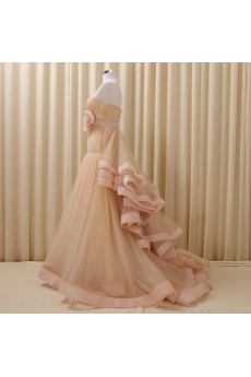 Tulle, Satin Strapless Sweep Train Sleeveless A-line Dress with Handmade Flowers