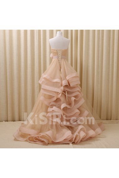 Tulle, Satin Strapless Sweep Train Sleeveless A-line Dress with Handmade Flowers