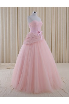 Tulle, Satin Strapless Floor Length Sleeveless A-line Dress with Bow