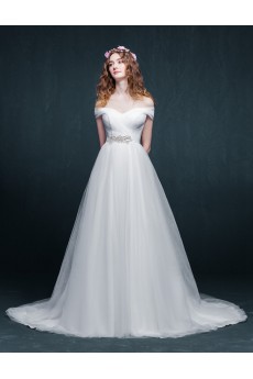 Tulle, Satin Off-the-Shoulder Sweep Train A-line Dress with Rhinestone, Sash