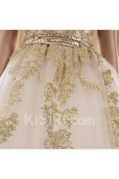 Tulle Scoop Floor Length Cap Sleeve Ball Gown Dress with Rhinestone