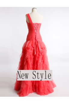 Tulle, Satin One-shoulder Floor Length Sleeveless A-line Dress with Ruched