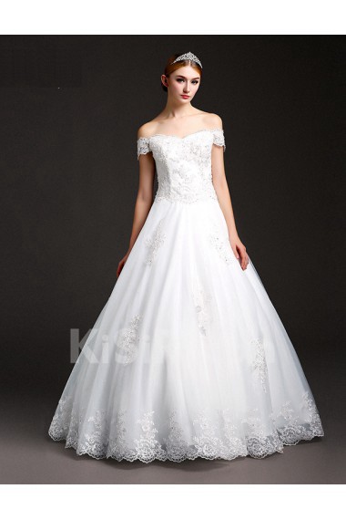 Tulle, Lace Off-the-Shoulder Floor Length Ball Gown Dress with Beads