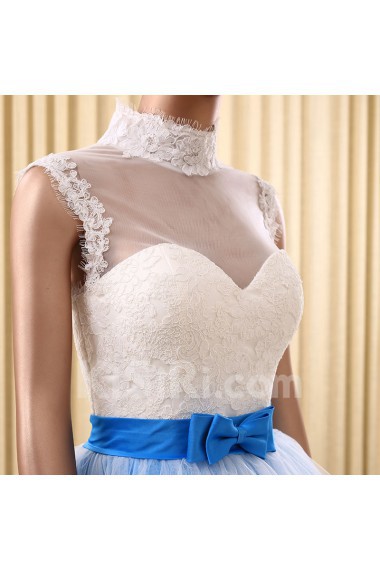 Lace, Tulle High Collar Sweep Train Sleeveless Ball Gown Dress with Bow