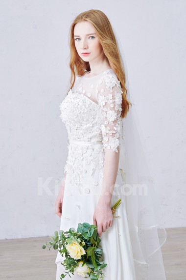Lace, Tulle, Chiffon Jewel Ankle-Length Half Sleeve A-line Dress with Sequins, Pearl