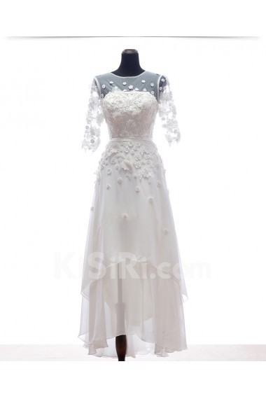 Lace, Tulle, Chiffon Jewel Ankle-Length Half Sleeve A-line Dress with Sequins, Pearl