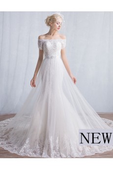 Tulle, Lace Off-the-Shoulder Cathedral Train A-line Dress with Sequins, Bow