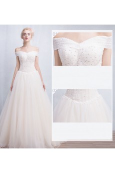 Tulle, Lace Off-the-Shoulder Floor Length A-line Dress with Beads