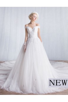 Tulle, Lace Off-the-Shoulder Cathedral Train A-line Dress with Sequins